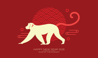 Chinese Zodiac Year 2028 of the Monkey banner. Zodiac monkey minimalist silhouette on red background. © Alix