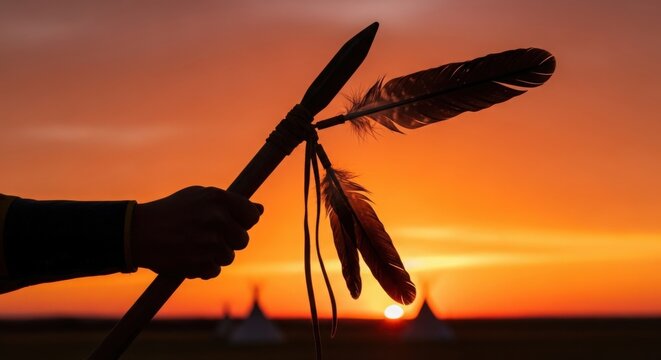 Hand holding spear with feathers during sunset over horizon. Traditional spear features decorative feathers capturing warm light, symbolizing cultural heritage and connection to nature.