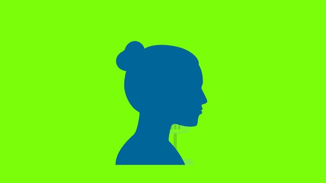 Broadcast, broadcasting. Silhouette of woman singer singing to microphone. Customer service agent. Female support operator silhouette. Girl with microphone. Side view. 2d flat animation. Alpha channel