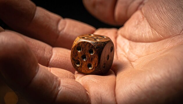 A veiny masculine hand holding vintage wooden dice with worn texture, dramatic dark moody lighting with deep shadows