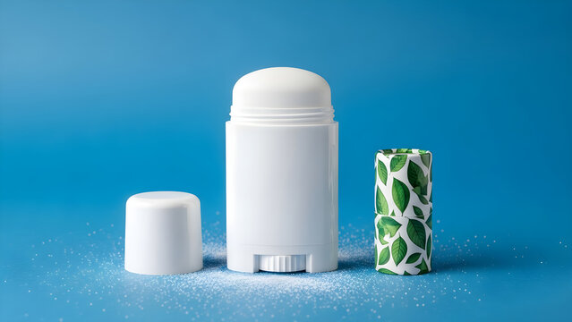 White Deodorant Stick and Natural Organic Packaging Concept on Blue Background for Personal Care and Hygiene Routine