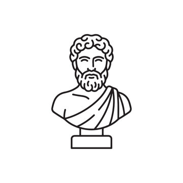 Ancient Greek philosopher bust vector icon, classic Roman marble statue line art, bearded male head sculpture for history and education