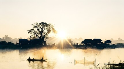 Naklejka premium Fishing Boat on a Tranquil River and Lake at Golden Sunset with Dramatic Sky Reflective Water Serene Nature Landscape and Evening Silhouette