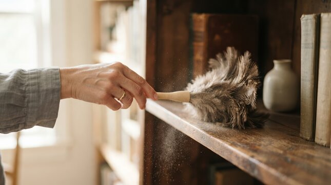 Woman cleaning wooden bookshelf with feather duster at home, close up shot of hand dusting vintage books and furniture