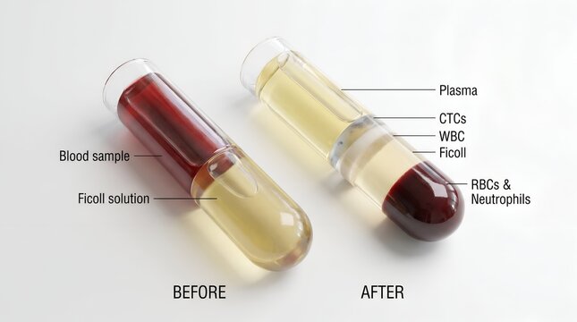 Laboratory tubes with blood samples before and after Ficoll solution separation