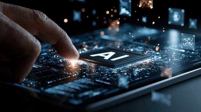 Close-up of human finger about to press glowing AI chip on futuristic digital circuit board with holographic data and technology interface elements in dark environment