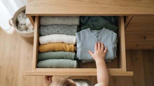 Baby hand reaching into wooden dresser drawer with organized infant clothes for nursery organization and parenting concept
