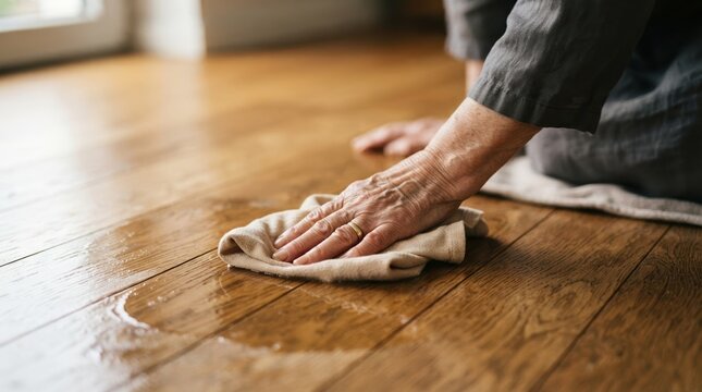 Elderly woman cleaning wooden floor with cloth at home, senior person doing household chores, concept of independent living and domestic maintenance