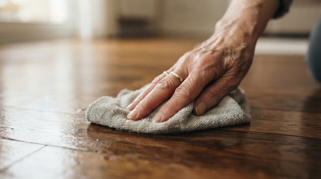 Elderly person cleaning wooden floor with cloth, senior woman doing household chores, home maintenance and care concept