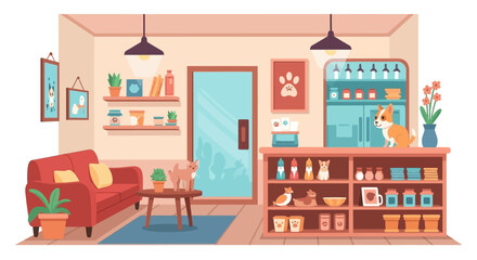 Naklejka premium Cozy pet shop interior with cats dogs and supplies