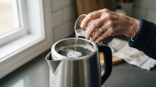 Senior woman cleaning stainless steel electric kettle with vinegar solution in home kitchen for maintenance