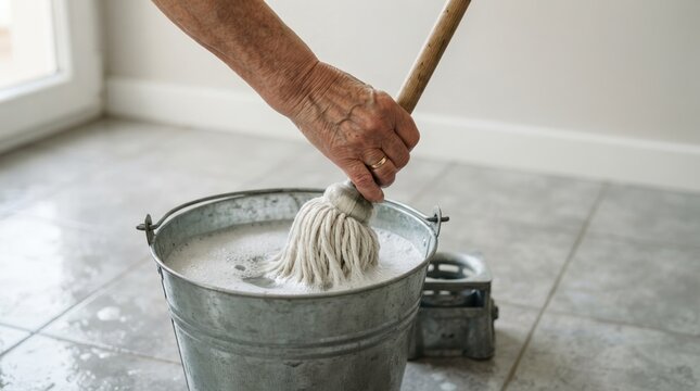 Elderly Woman Cleaning Tiled Floor with Mop and Bucket for Home Maintenance and Hygiene Concept