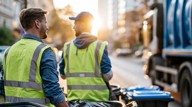 Two refuse collection workers in hi vis uniforms seen from behind loading garbage containers into a waste truck bright morning street refuse collection waste truck workers