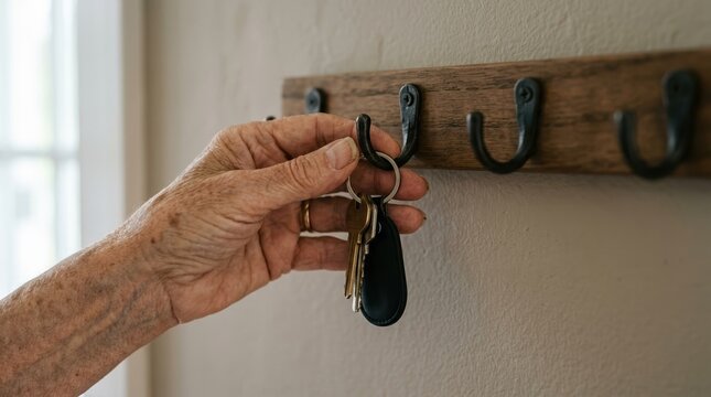 Elderly person hanging keys on wall hook rack at home representing organization and daily routine