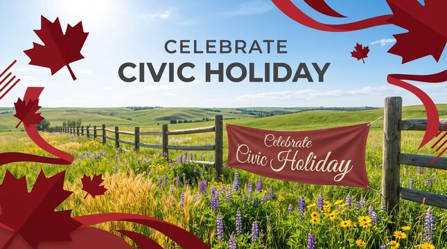 Civic holiday celebration banner over rolling green hills with colorful wildflowers rolling holiday hanging rustic