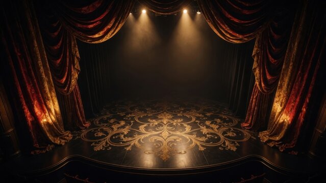 Empty Theater Stage with Red Velvet Curtains and Spotlight