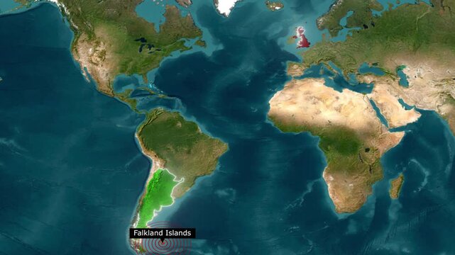 Falkland Islands Green Highlighted and United Kingdom Red on World Satellite Map Animation