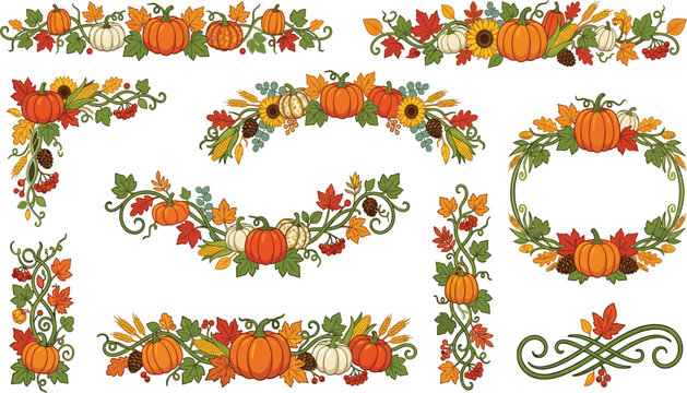 Set of autumn harvest borders, corners, and wreath with pumpkins, fall leaves, and floral elements