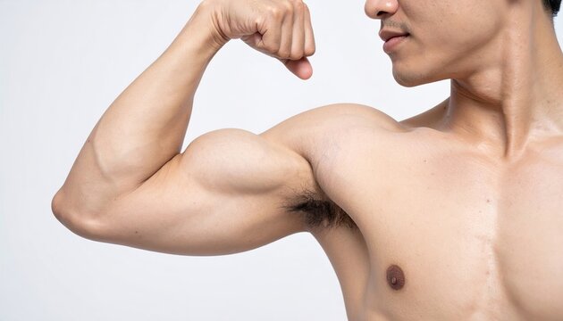 A close-up shot focusing on a young man toned upper arm as he proudly shows his biceps during a workout review on white.