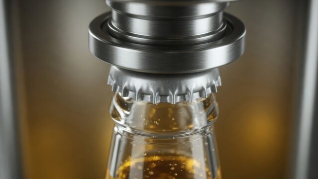 Bottle Capper Sealing Beer Bottle with Metal Cap Closeup