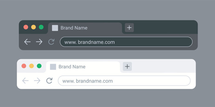 Minimalist web browser interface design with dark and light theme window mockup elements.