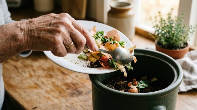 Elderly person composting food scraps from a plate into a kitchen bin for sustainable living and waste reduction