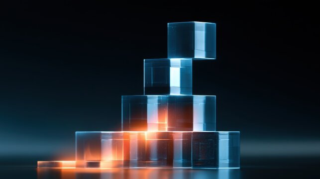 Transparent glass box cubes stacked stepwise on reflective surface with glowing orange light under dark background futuristic abstract technology concept