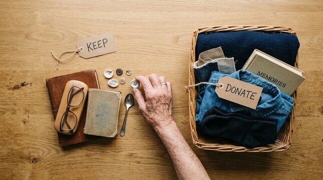 Elderly person sorting personal belongings for downsizing or donation, senior decluttering home and organizing memories
