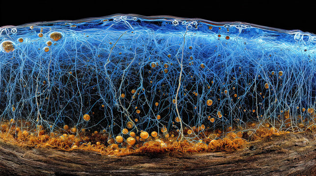 mycelial. A macro view of an underwater microbial mat as a glowing, electric-blue mycelial network. STEM education sheets, lab safety posters, designed for biotech research communications.
