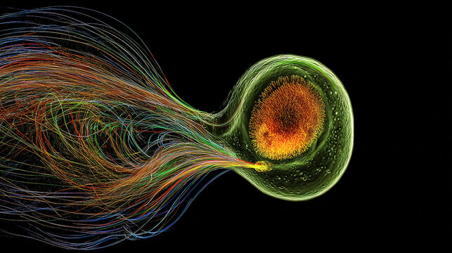 subjective. A single, glowing primordial cell dividing rapidly in a dark aquatic environment with vibrant energy trails. STEM education sheets.
