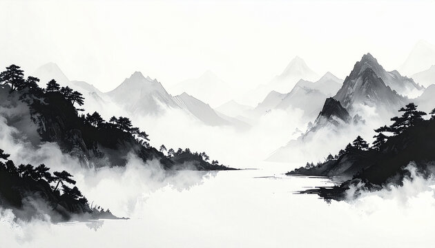 Monochrome sumi-e landscape texture for banner and template design 4