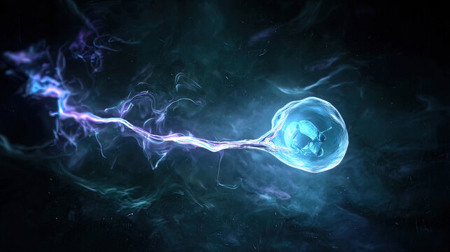 subjective. A single, glowing primordial cell dividing rapidly in a dark aquatic environment with vibrant energy trails. STEM education sheets.
