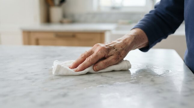 Elderly woman cleaning marble kitchen countertop with white cloth, senior person doing household chores at home