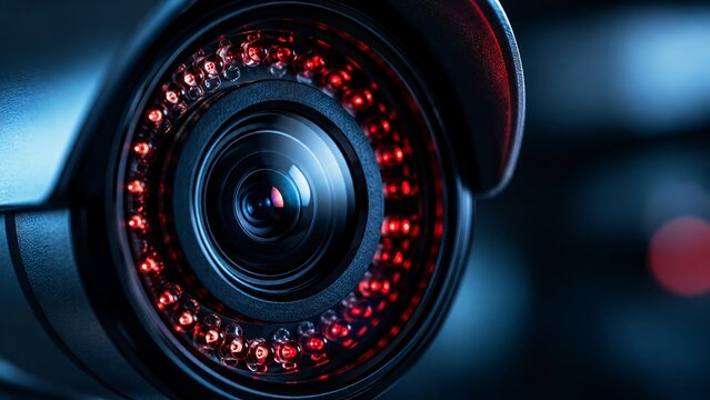 Extreme close-up of a surveillance security camera with glowing red IR night vision LEDs