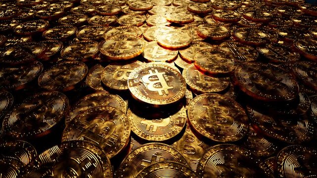 CGI macro of golden Bitcoin coins scattered under warm golden light, showcasing the BTC logo. Perfect for crypto, blockchain, and investment content. Rendered in Unreal Engine.