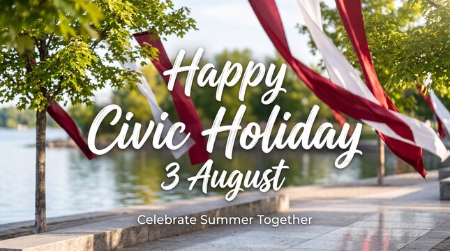 Happy civic holiday celebration with red and white flags waving near river with river sunny day festive red reflection
