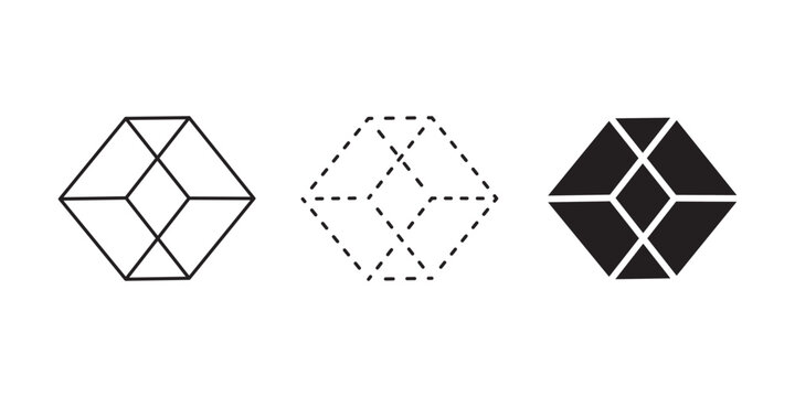 Geometric cube wireframe solid icon set vector graphic illustration.