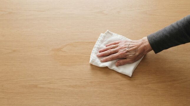 Elderly woman hand cleaning wooden table surface with white cloth for hygiene and home maintenance concept