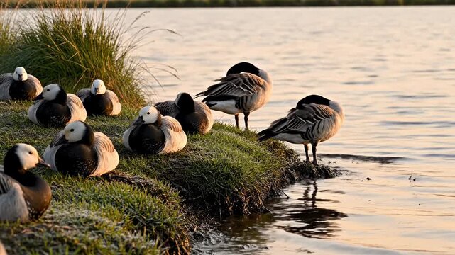 A flock of barnacle geese rests peacefully upon the grassy banks of a serene lake during the golden hour as the soft sunset sheds a warm and tranquil light over the majestic feathered waterbirds