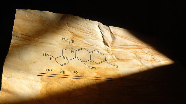 empirical. Vintage cracked parchment with a forgotten chemical diagram, illuminated by a validating beam of light. STEM education sheets.
