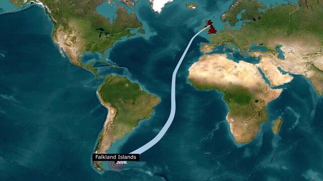 Falkland Islands to United Kingdom Route Line Animation on World Satellite Map with Radar Pulse