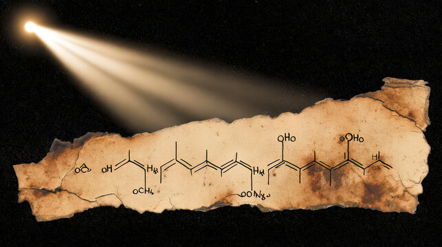 empirical. Vintage cracked parchment with a forgotten chemical diagram, illuminated by a validating beam of light. STEM education sheets.

