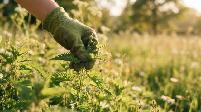 Person wearing gardening glove harvesting stinging nettle in a wild meadow for herbal medicine and foraging