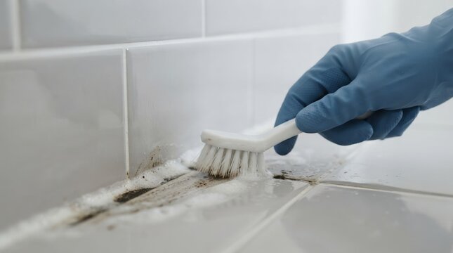 Person wearing blue rubber gloves scrubbing black mold from bathroom tile grout with a white cleaning brush
