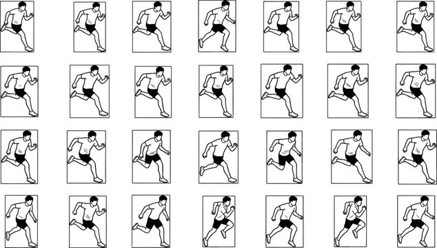 Animation sprite sheet sequence of a man running, black and white outline run cycle for game design and motion graphics