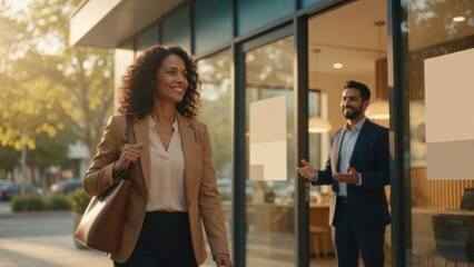 Fototapeta premium Businesswoman Walking to Meeting Greeted by Colleague at Office