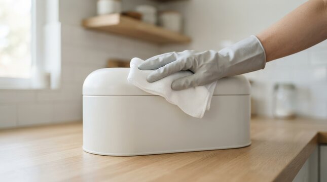 Person wearing rubber glove cleaning white bread box on wooden kitchen counter for home hygiene and maintenance