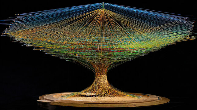 reorganization. A classic tree of life diagram is unraveled and rewoven into a new, complex network of glowing light. STEM education sheets.
