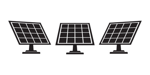 Three solar panel icons set on stands for renewable energy and clean power generation. © MdSaimon