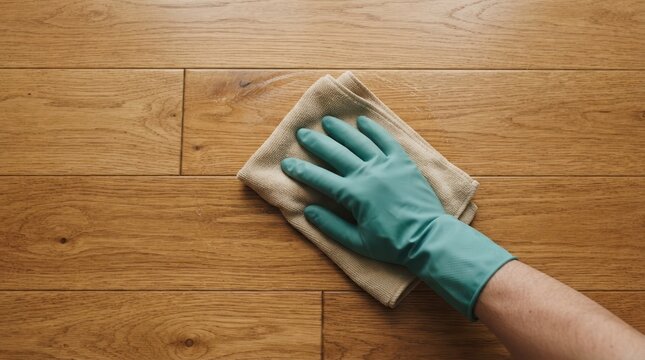 Person wearing green rubber glove cleaning wooden floor with microfiber cloth for home maintenance and hygiene concept